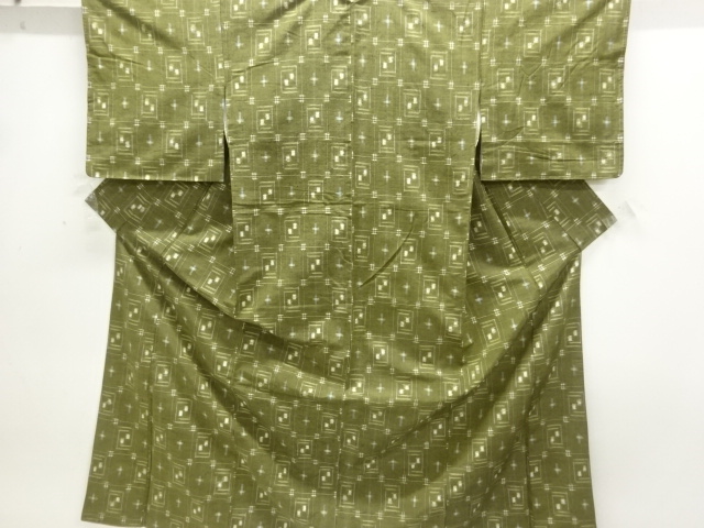JAPANESE KIMONO / ANTIQUE MASU PATTERN WOVEN TSUMUGI KIMONO